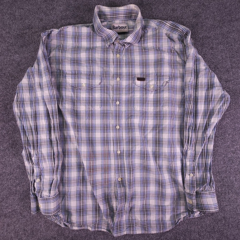 Barbour Regular Fit White Green Blue Plaid Long Sleeve Button Down Shirt Large